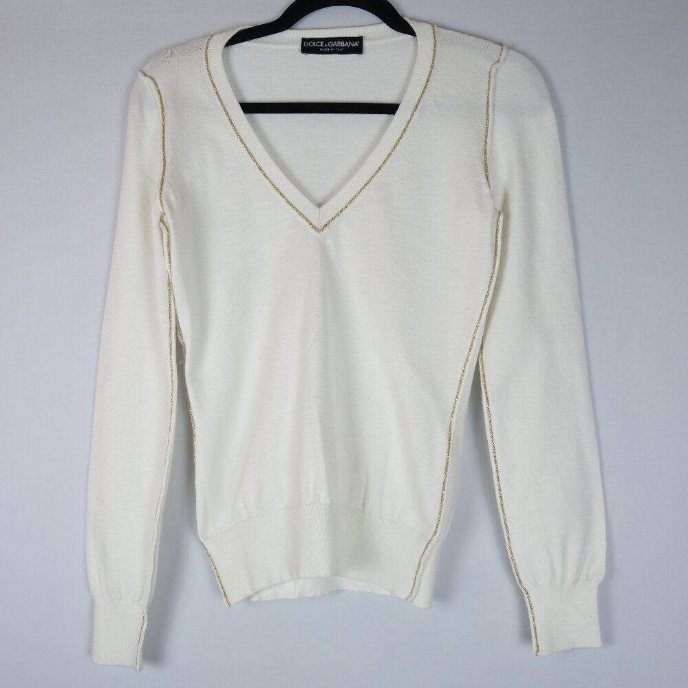 Dolce & Gabanna White V-Neck Sweater w/ Gold Accent Trim, Sz 42 (Fits Small)